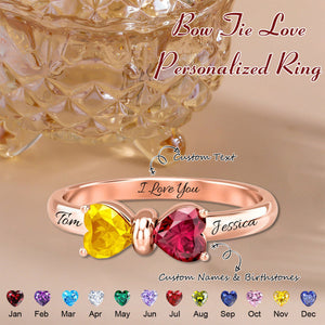 Adorable Bow Custom Heart Birthstone Personalized Ring, Gift For Couple