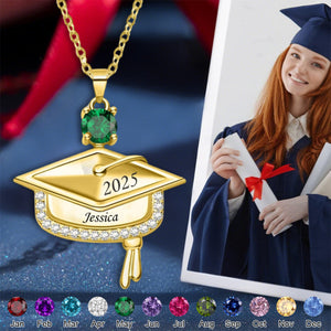 Dainty Graduation Cap Custom Birthstone Engraved Name Year Personalized Necklace