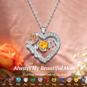 Mom Rose Custom Heart Birthstone Personalized Necklace, Mother's Day Gift