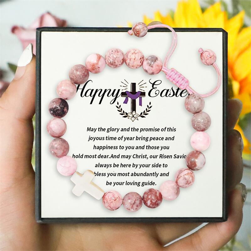 Happy Easter - Pink Cross Gemstone Easter Bracelet