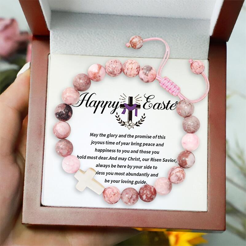 Happy Easter - Pink Cross Gemstone Easter Bracelet