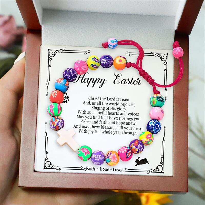 Colorful Clay Beads Easter Bracelet - Christian Cross Bracelet for Teens & Women