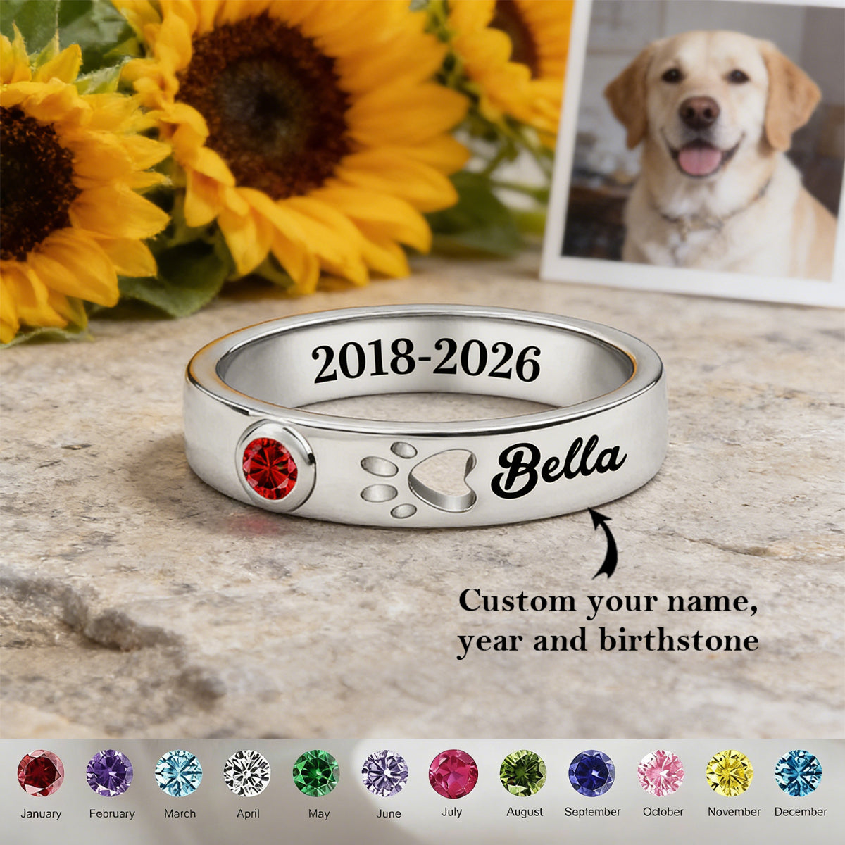 In Loving Memory of My Furry Friend - Personalized Birthstone Ring