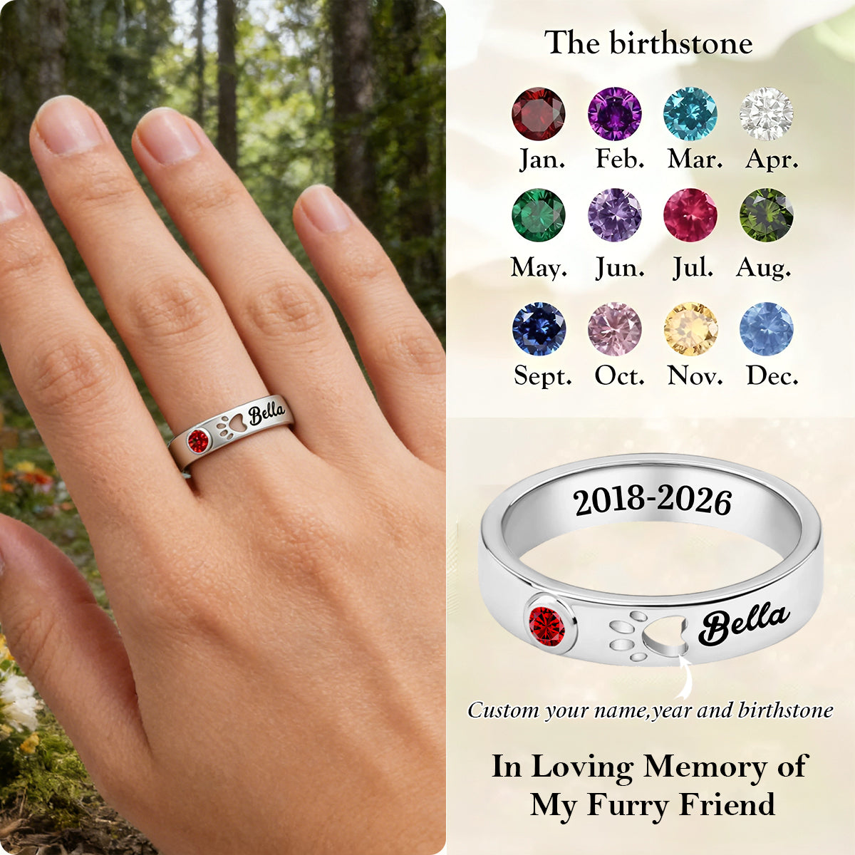 In Loving Memory of My Furry Friend - Personalized Birthstone Ring