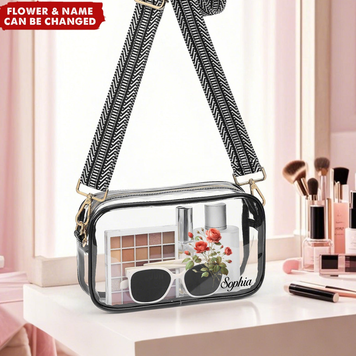 Personalized Birthday Flower Adjustable Strap Clear Stadium Crossbody Bag