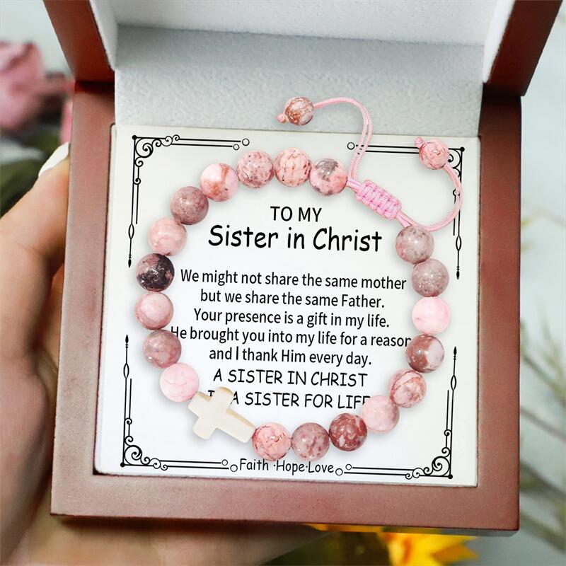 To My Sister in Christ - Pink Cross Gemstone Easter Bracelet