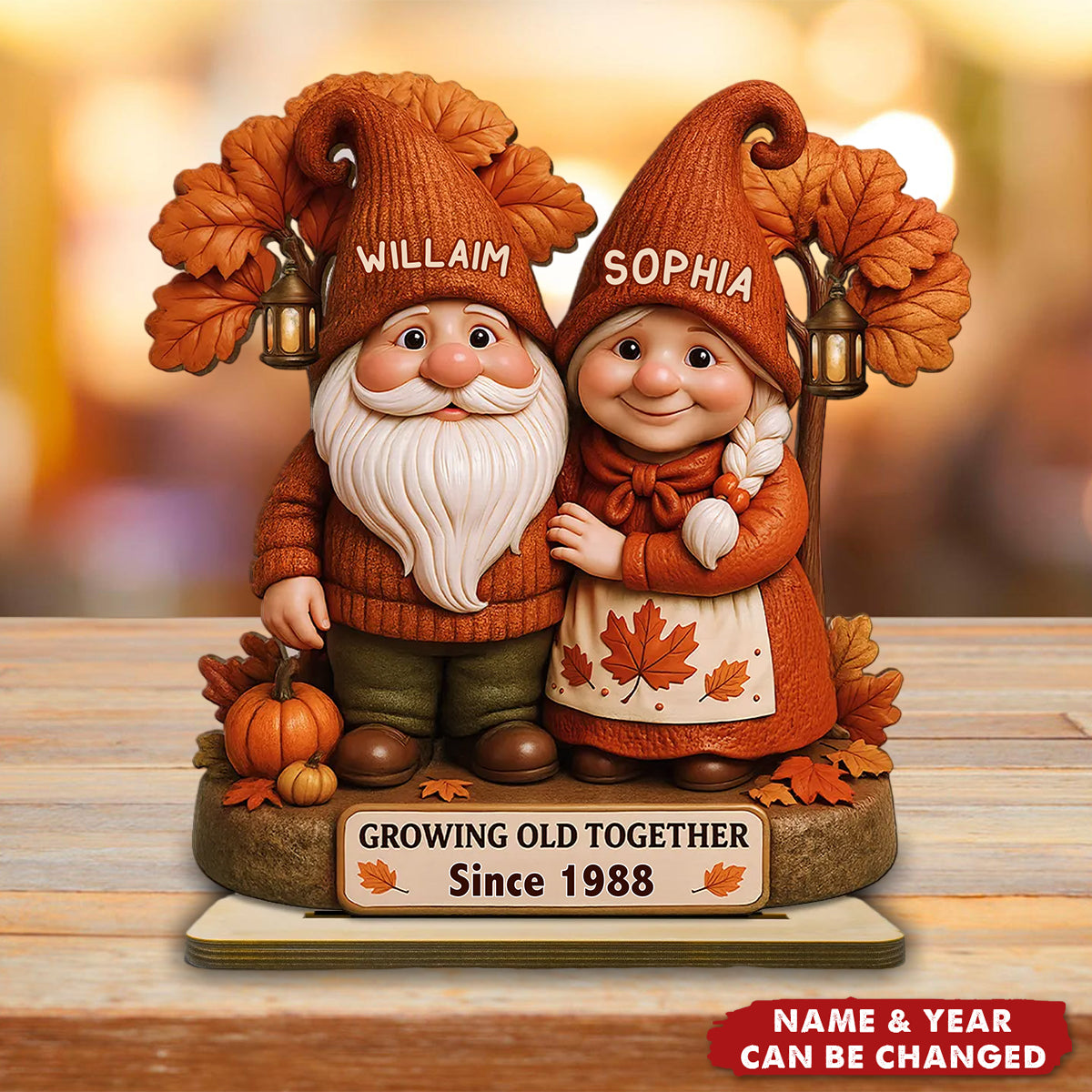 Fall Season Dwarf Couple Growing Old Together Personalized Standing Wooden Plaque