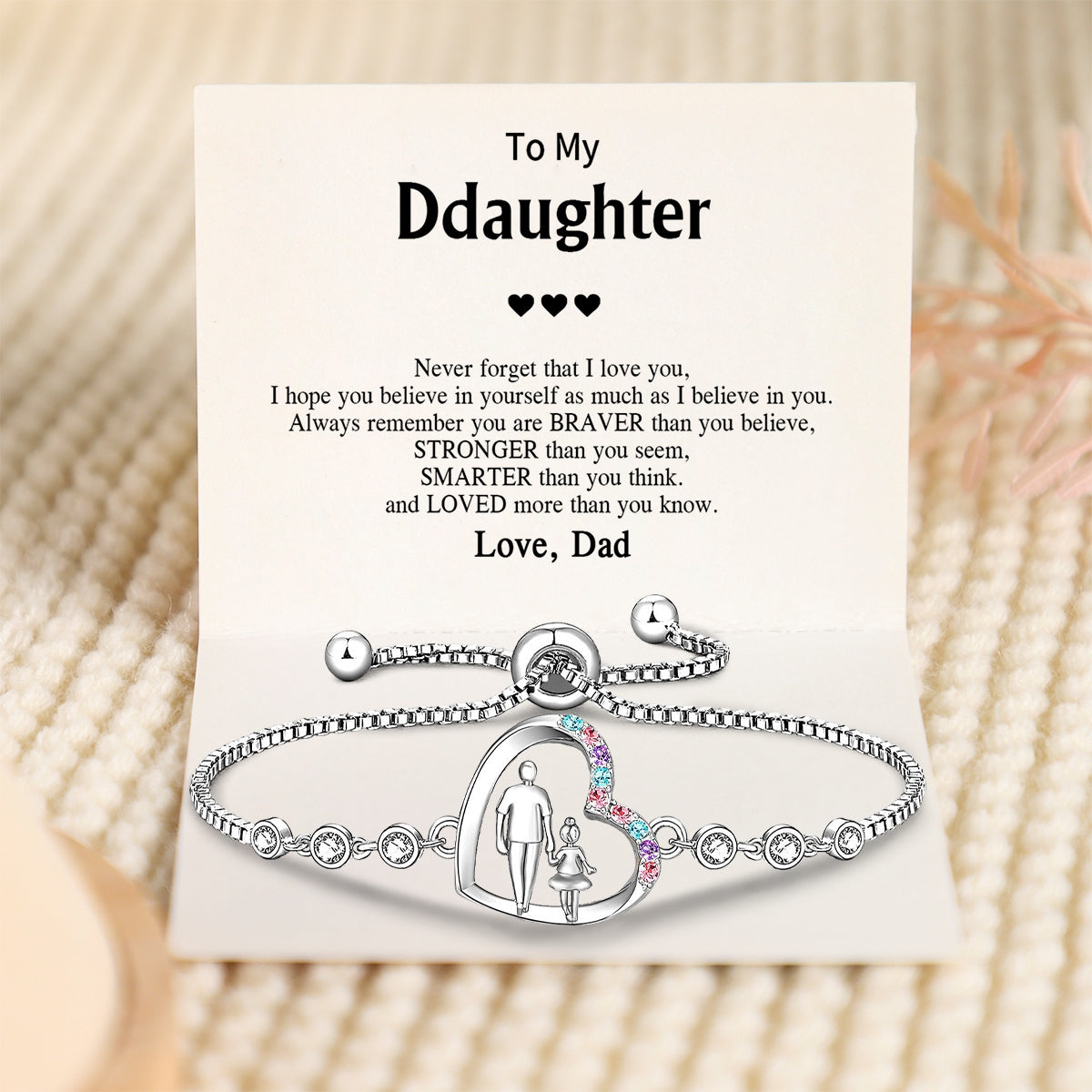 Dad To Daughter  - Never Forget That I Love You Hand In Hand Heart Charm Bracelet
