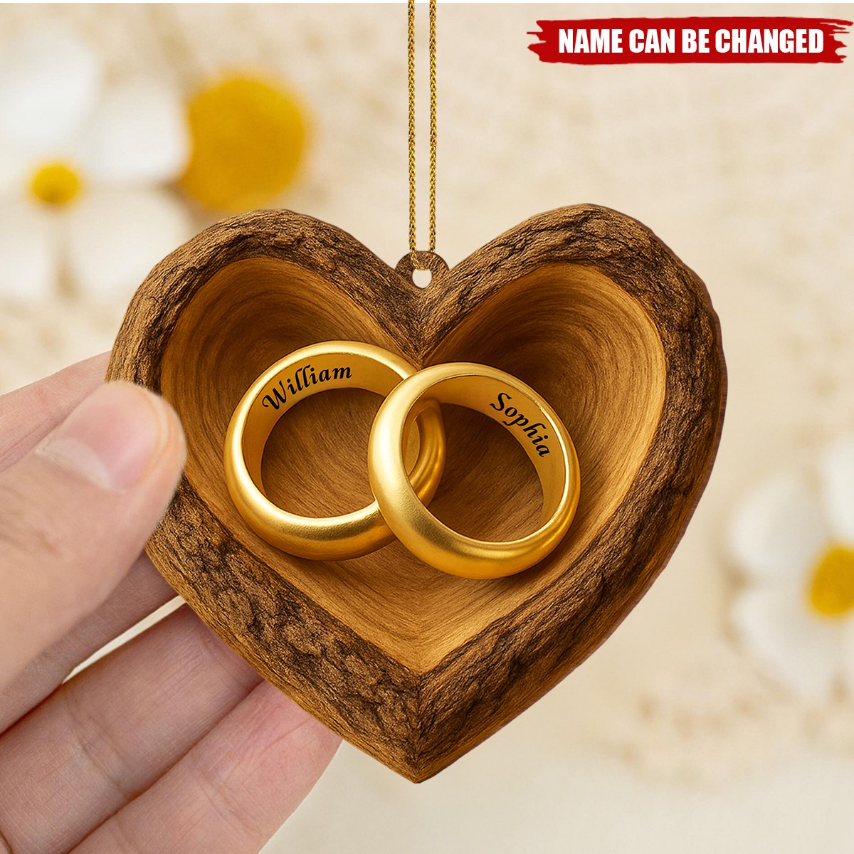 Cherish Your Love, Wooden Heart With Wedding Rings, Gift For Couples