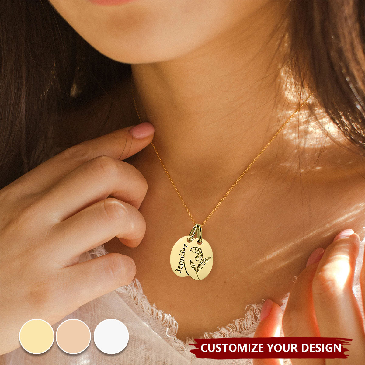 Hand-Drawn Birth Flowers - Personalized Oval Pendant Necklace