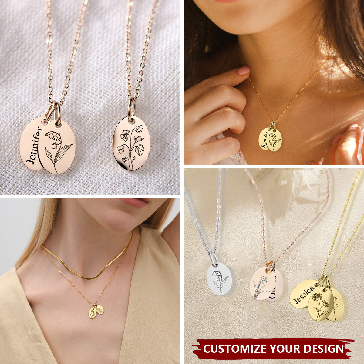 Hand-Drawn Birth Flowers - Personalized Oval Pendant Necklace