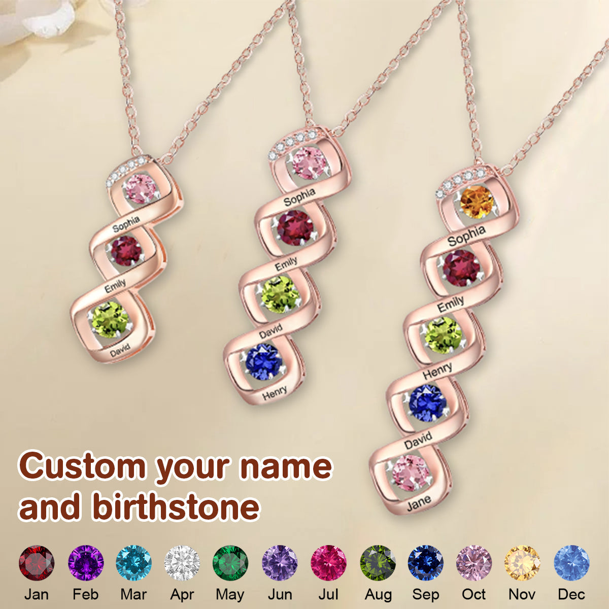 Personalized Custom Name Necklace with Birthstones, Family Anniversary Jewelry Christmas Gift for Her
