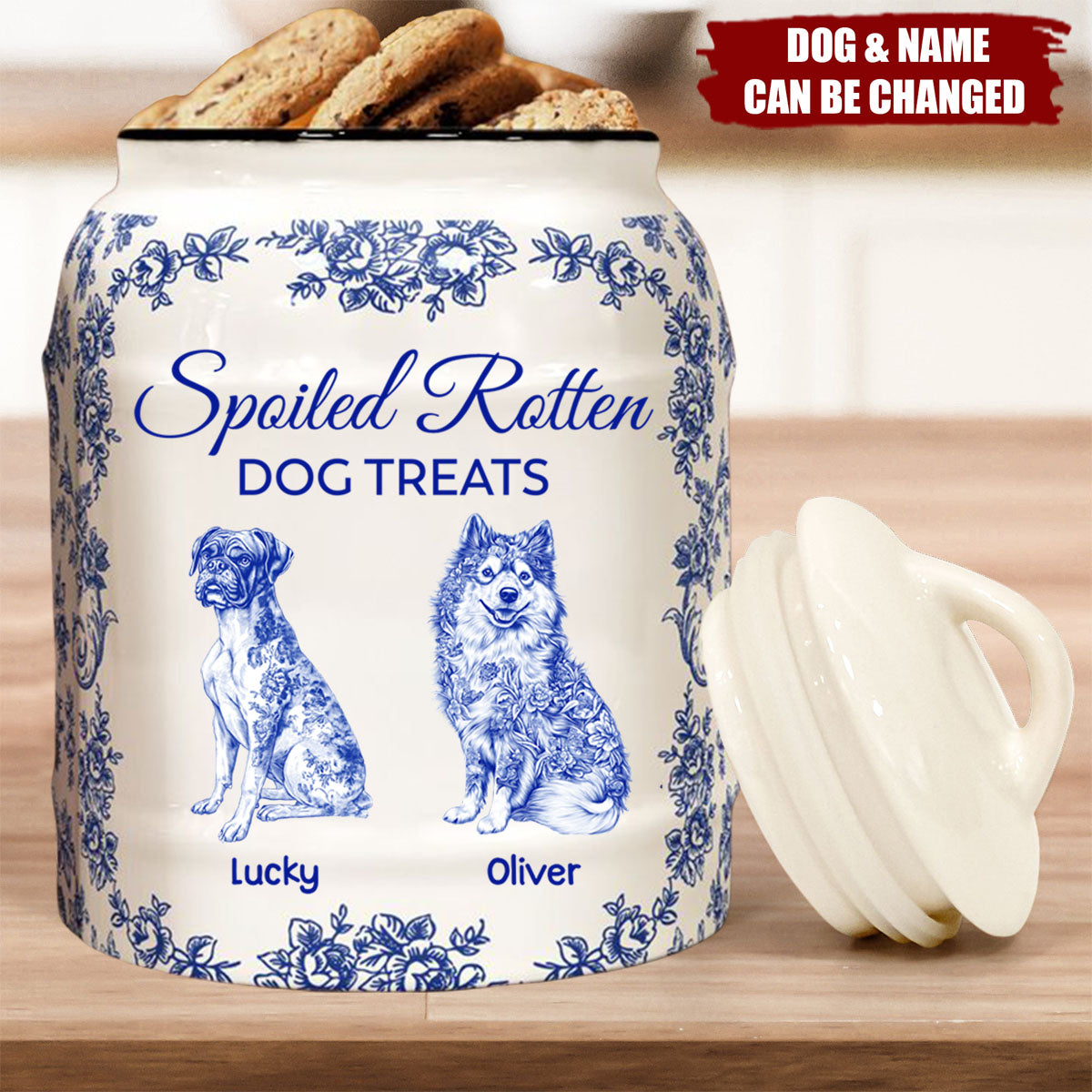 Spoiled Rotten Dog Treats Floral Toile De Jouy Chinoiserie - Personalized Cookie Jar