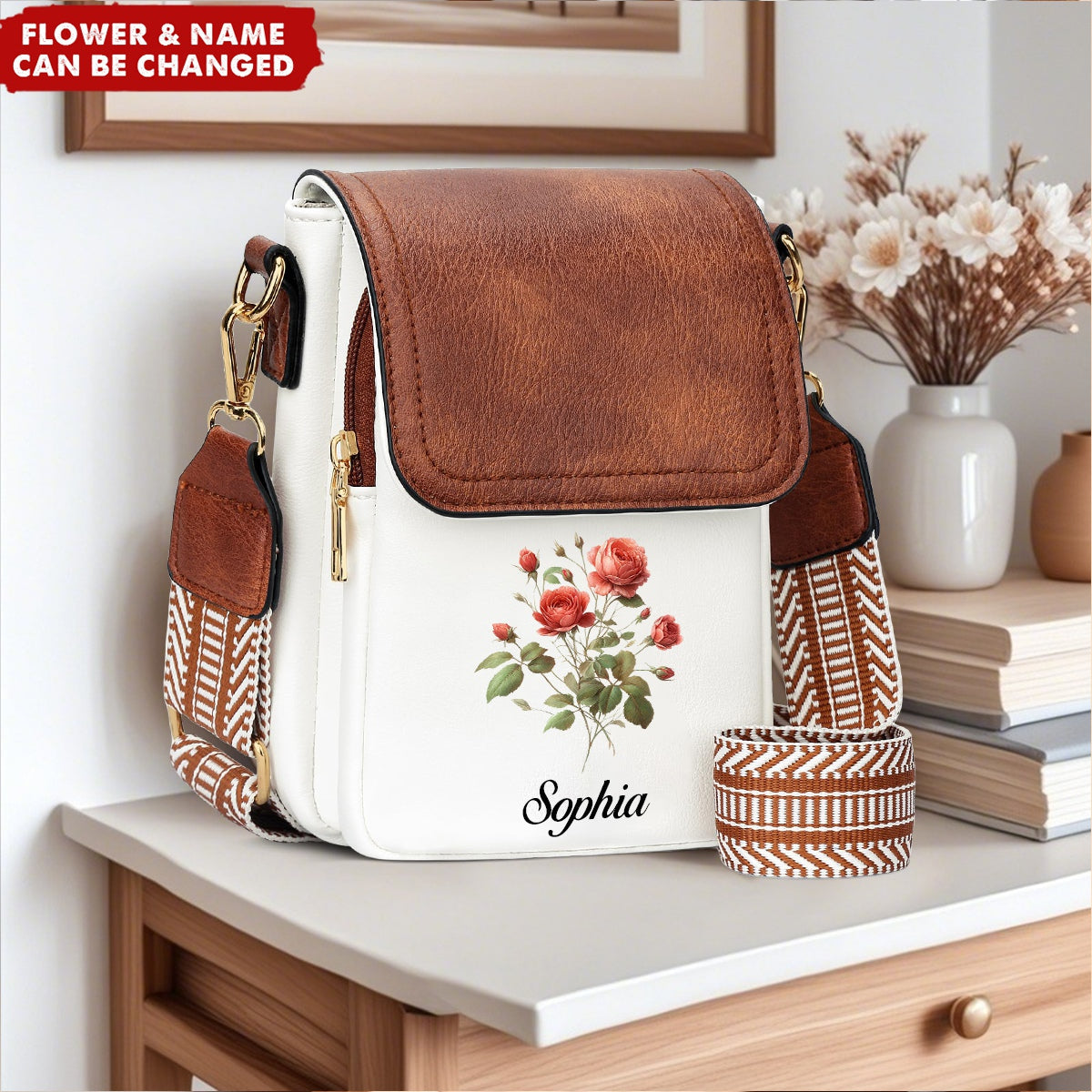 Personalized Birthday Flower Initials Leather Shoulder Crossbody Bag