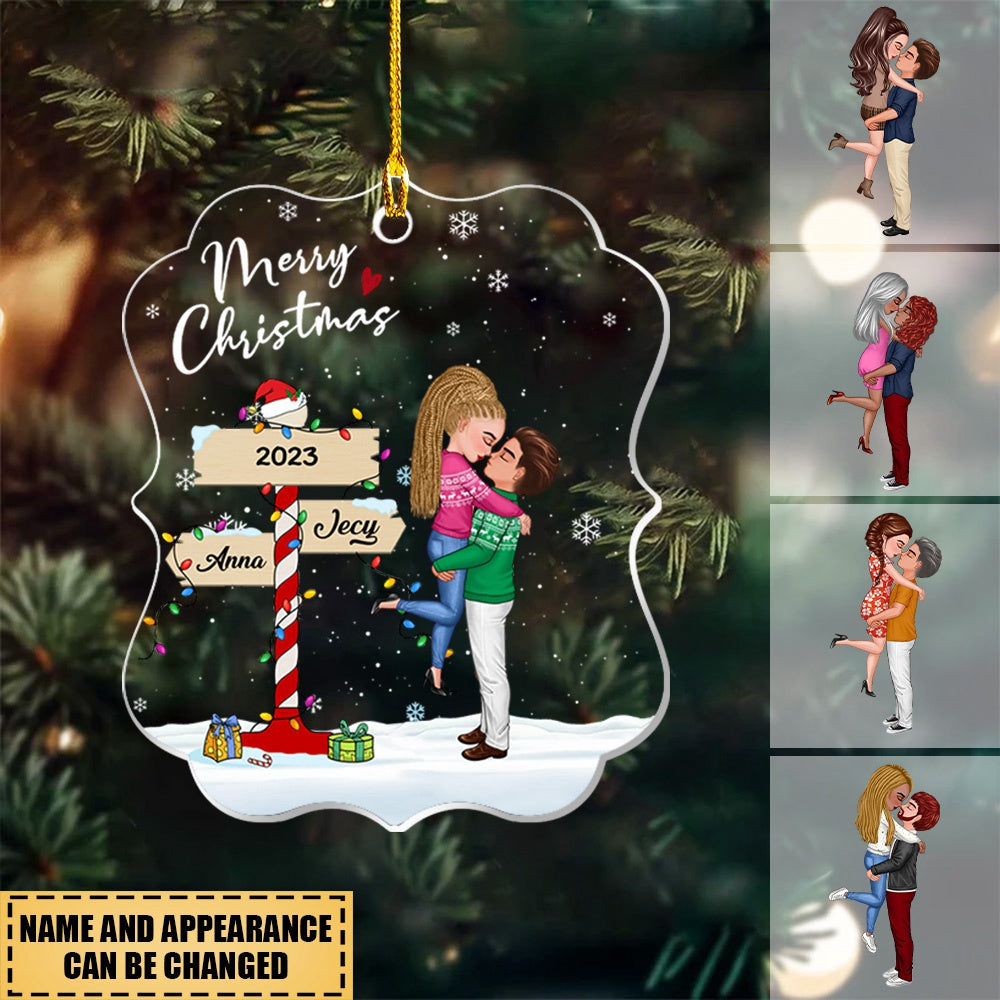 Winter Couple Hugging Kissing In The Snow Personalized Acrylic Christmas Ornament