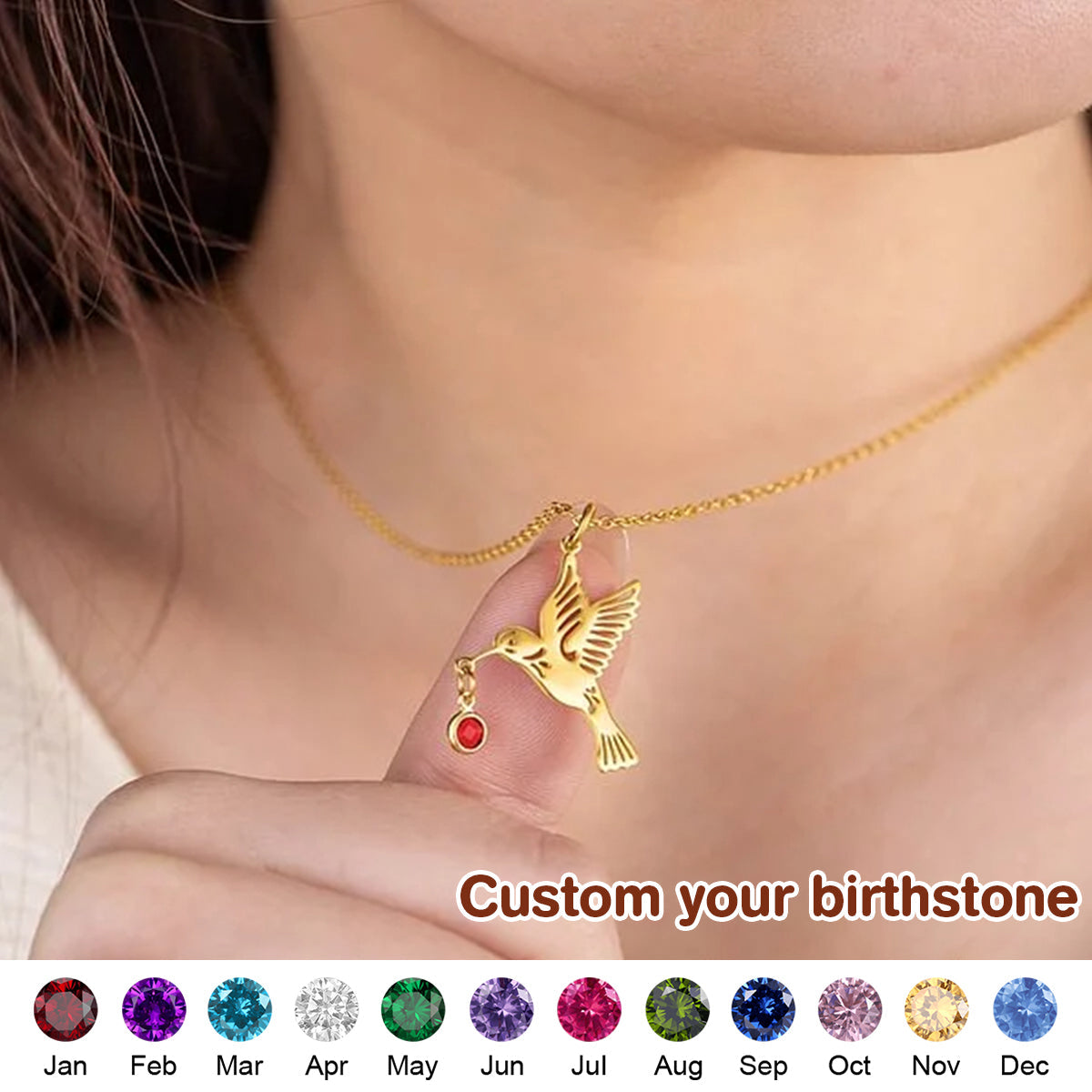 Personalized Dainty Hummingbird Necklace with Birthstone Bird Jewelry Birthday Anniversary Mother's Day Gift for Women