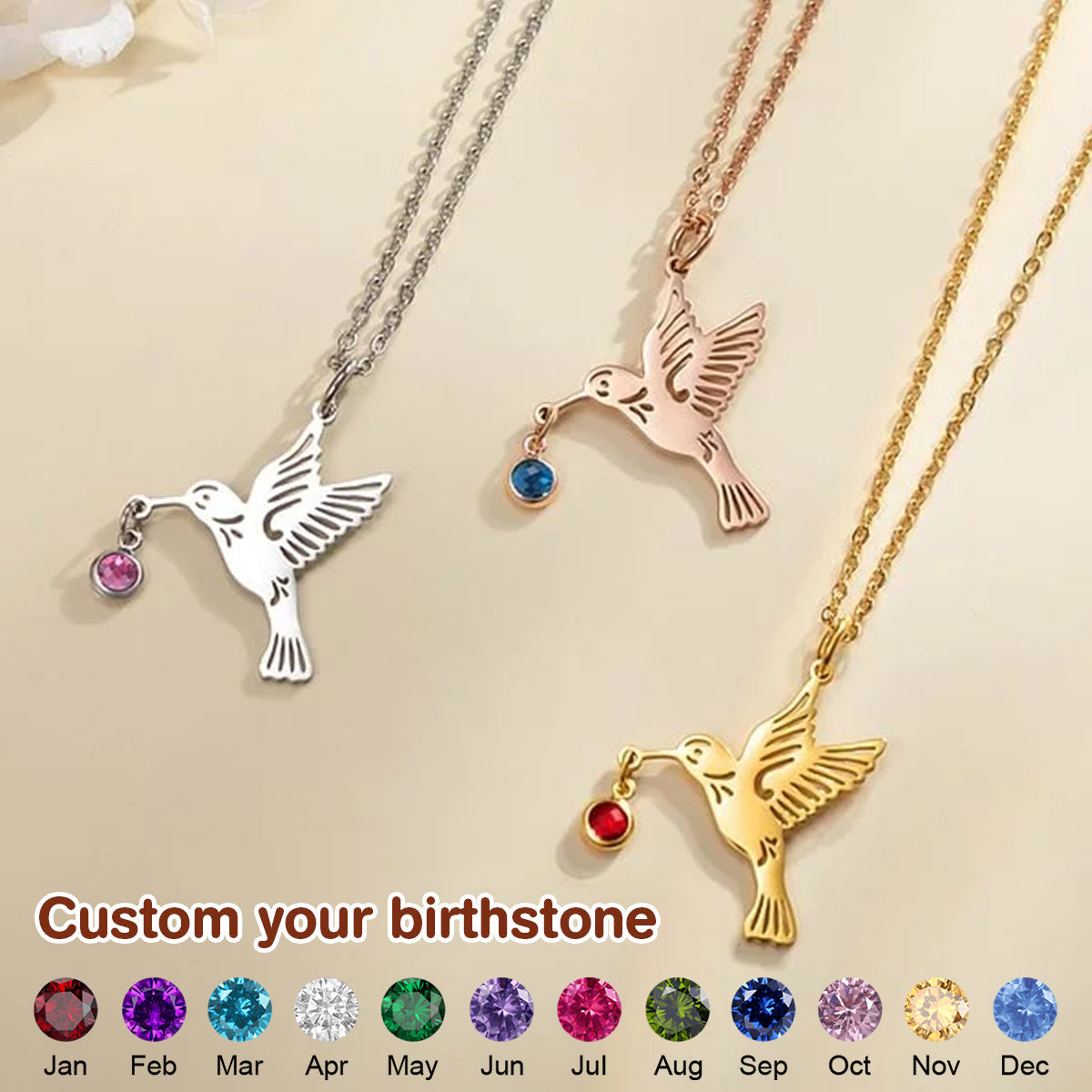 Personalized Dainty Hummingbird Necklace with Birthstone Bird Jewelry Birthday Anniversary Mother's Day Gift for Women