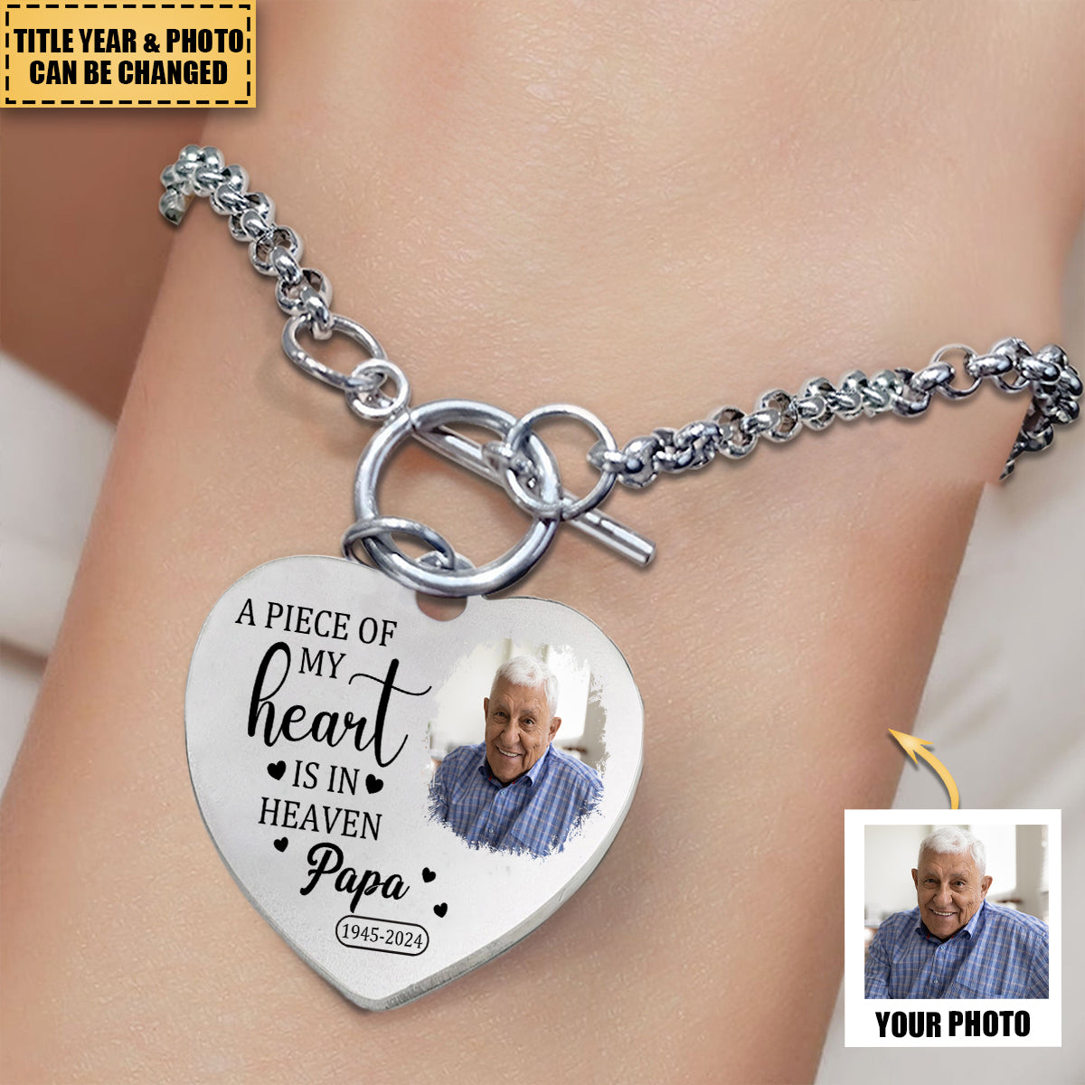 A Piece Of My Heart Is In Heaven - Personalized Photo Heart Bracelet