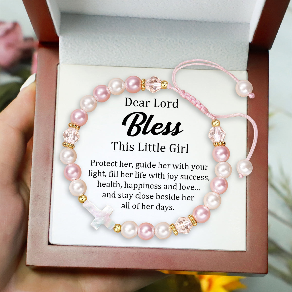 To Daughter - Dear Lord Bless This Little Girl - Pearl Shell Cross Adjustable Bracelet