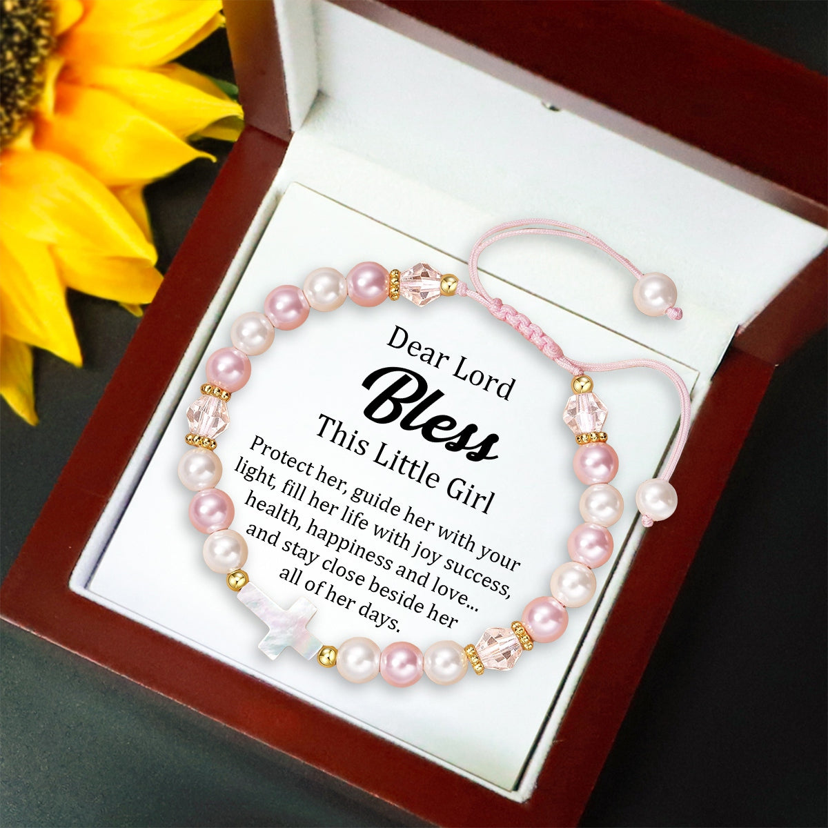 To Daughter - Dear Lord Bless This Little Girl - Pearl Shell Cross Adjustable Bracelet
