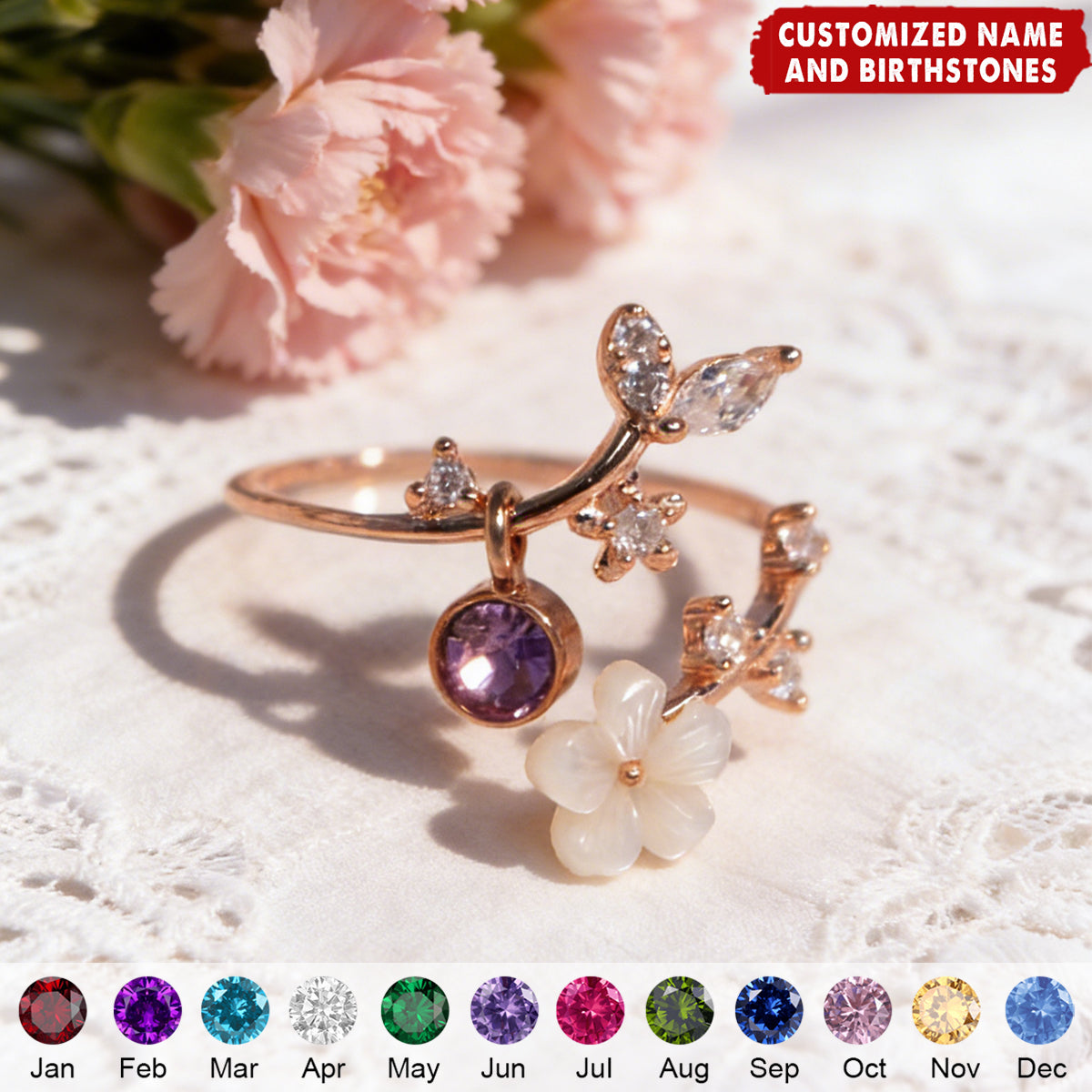Pearl Sakura Rings Adjustable Delicate - Personalized Birthstone Ring
