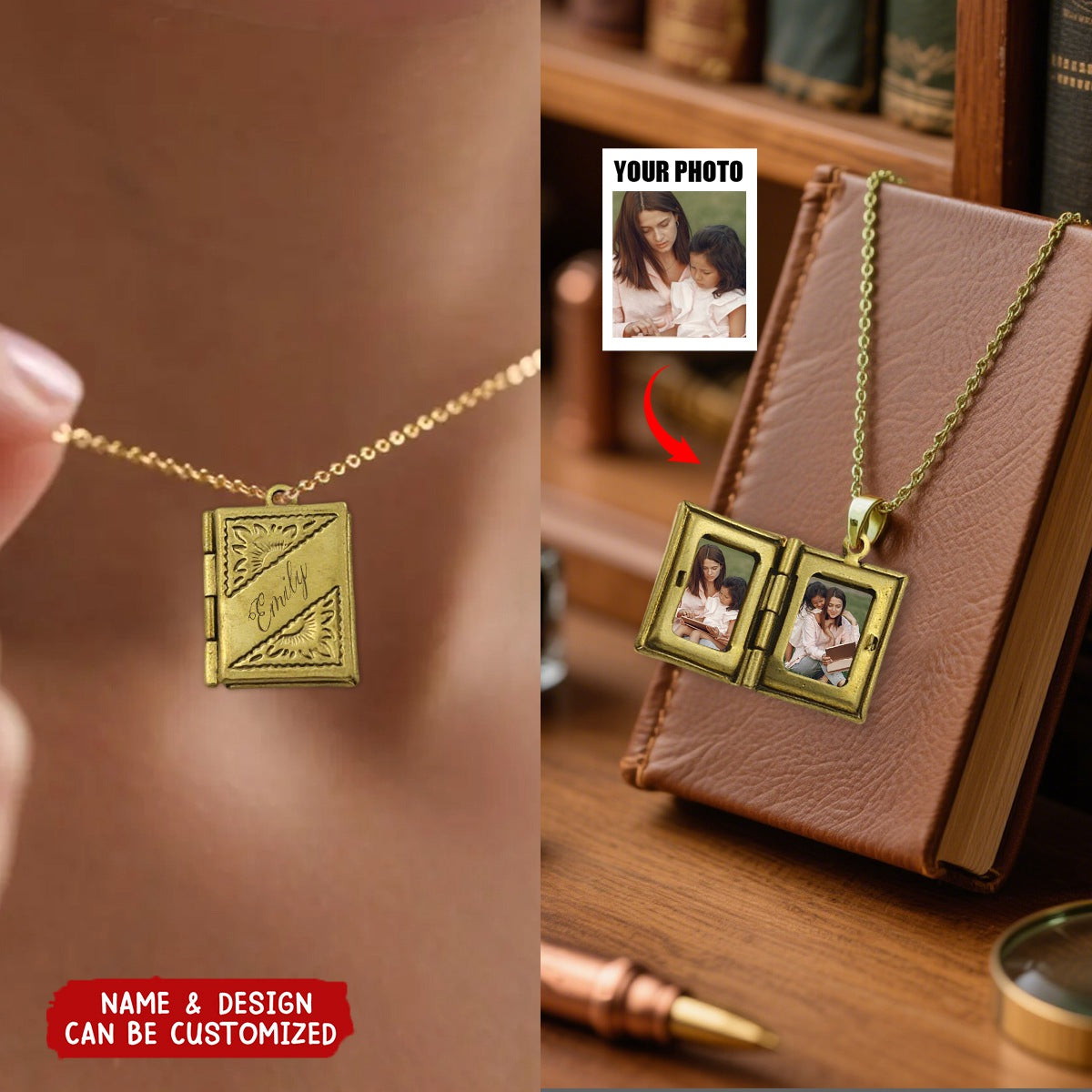 Book Locket With Photos - Personalized Message Necklace, Gift for Daughter