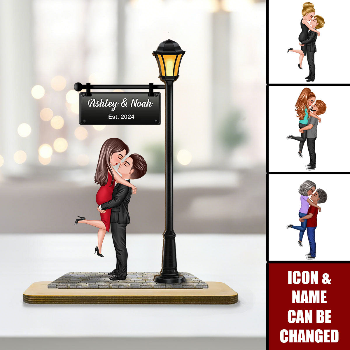 Couple Kissing Under Lamp Post Personalized 2-Layer Standing Wooden Plaque, Heartfelt Gift For Her, For Wife