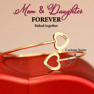 Double Hearts Peronalized Open Adjustable Bangle, Gift For Daughter Granddaughter