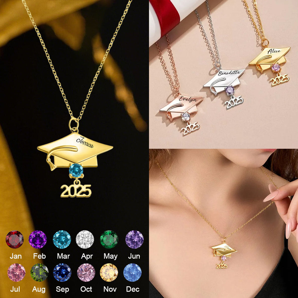 Graduation Cap Year Pendant Custom Birthstone Engraved Name Personalized Necklace
