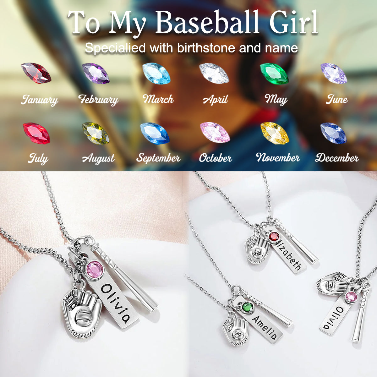 Softball Baseball Bat Glove With Engraved Name Personalized Necklace