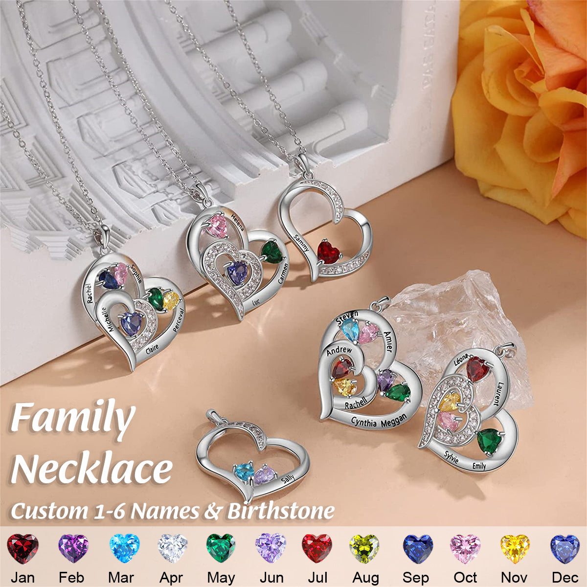 Heart Pendant Custom Birthstone Engraving 1-6 Names Necklace, Gift For Mom Grandma
