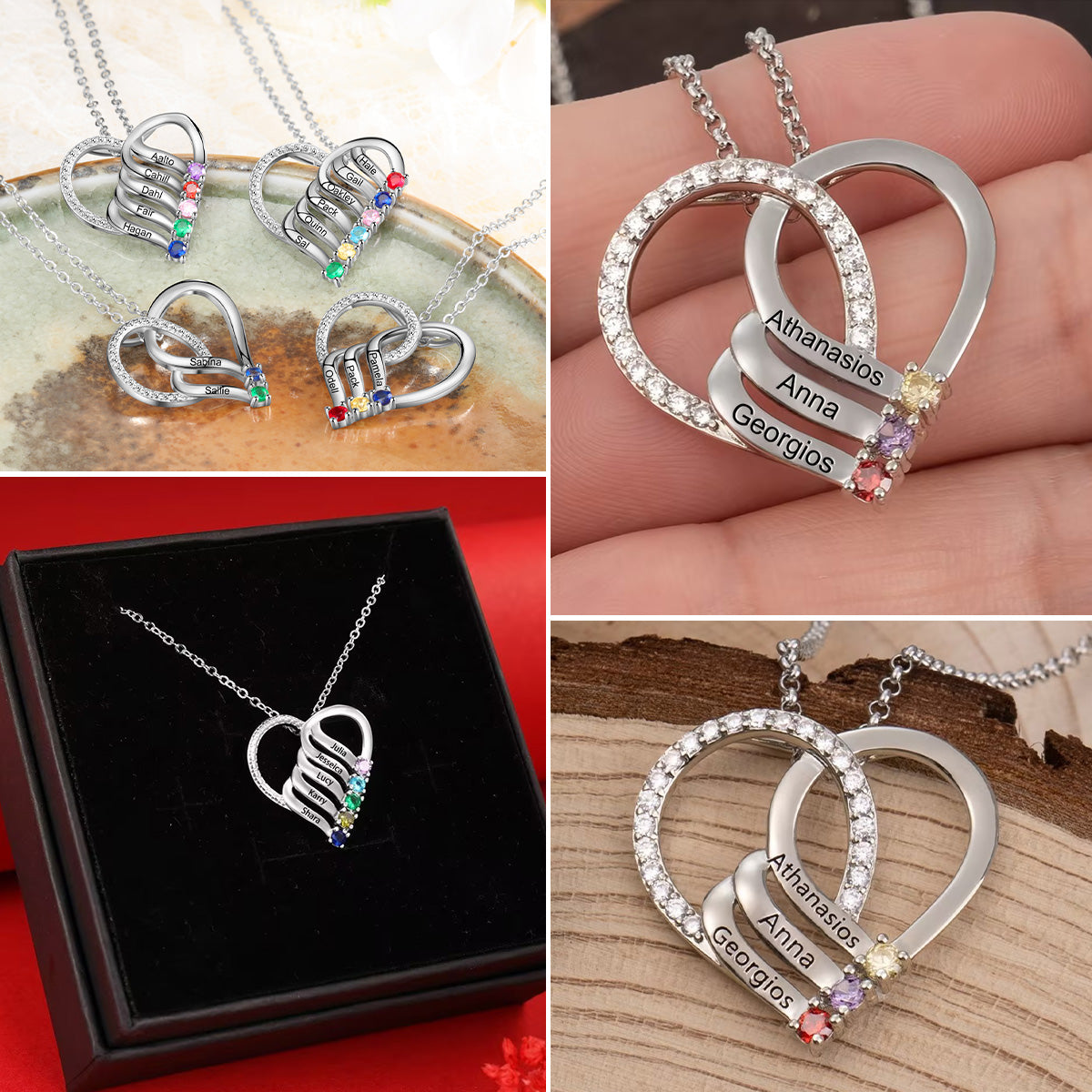 Heart Birthstone Zircon Family Custom Name Personalized Necklace, Gift For Mom Grandma
