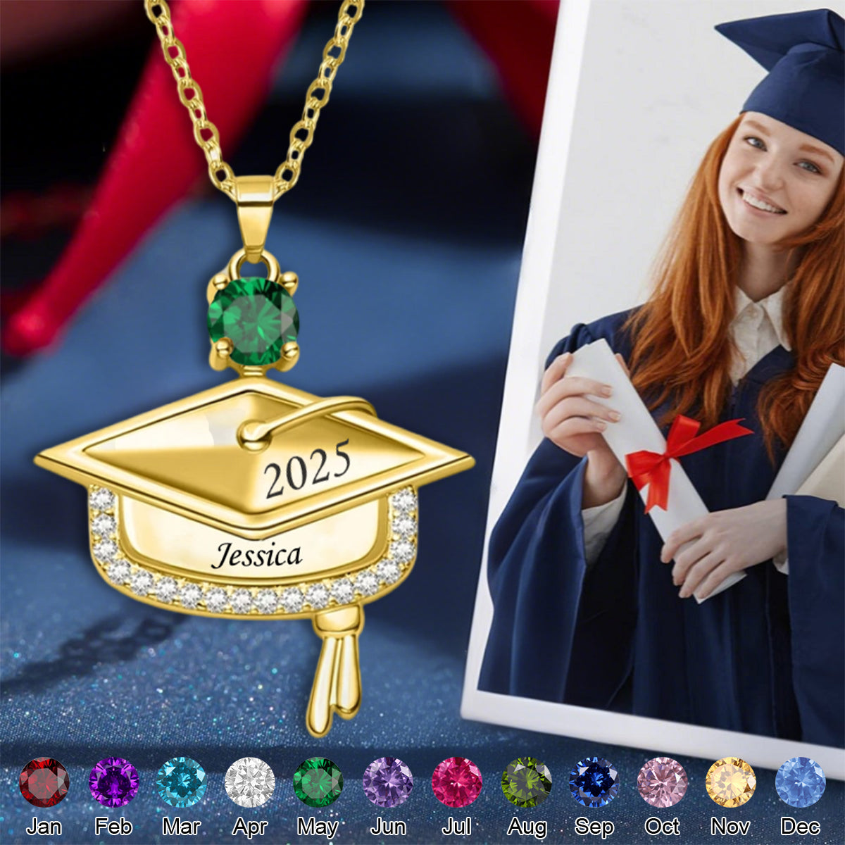 Dainty Graduation Cap Custom Birthstone Engraved Name Year Personalized Necklace