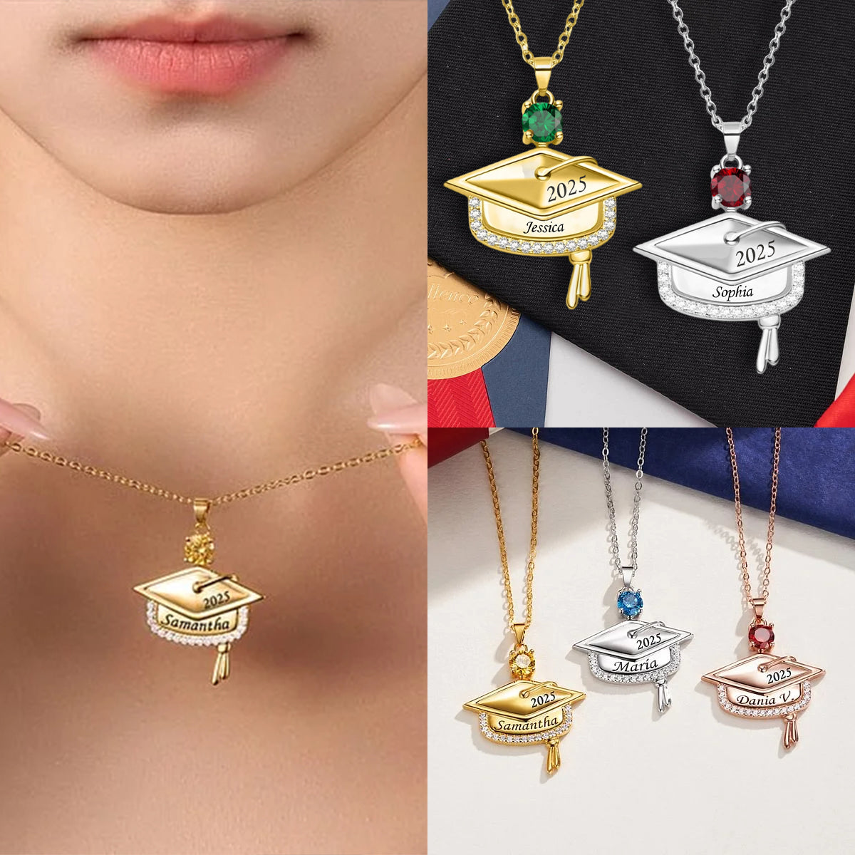 Dainty Graduation Cap Custom Birthstone Engraved Name Year Personalized Necklace