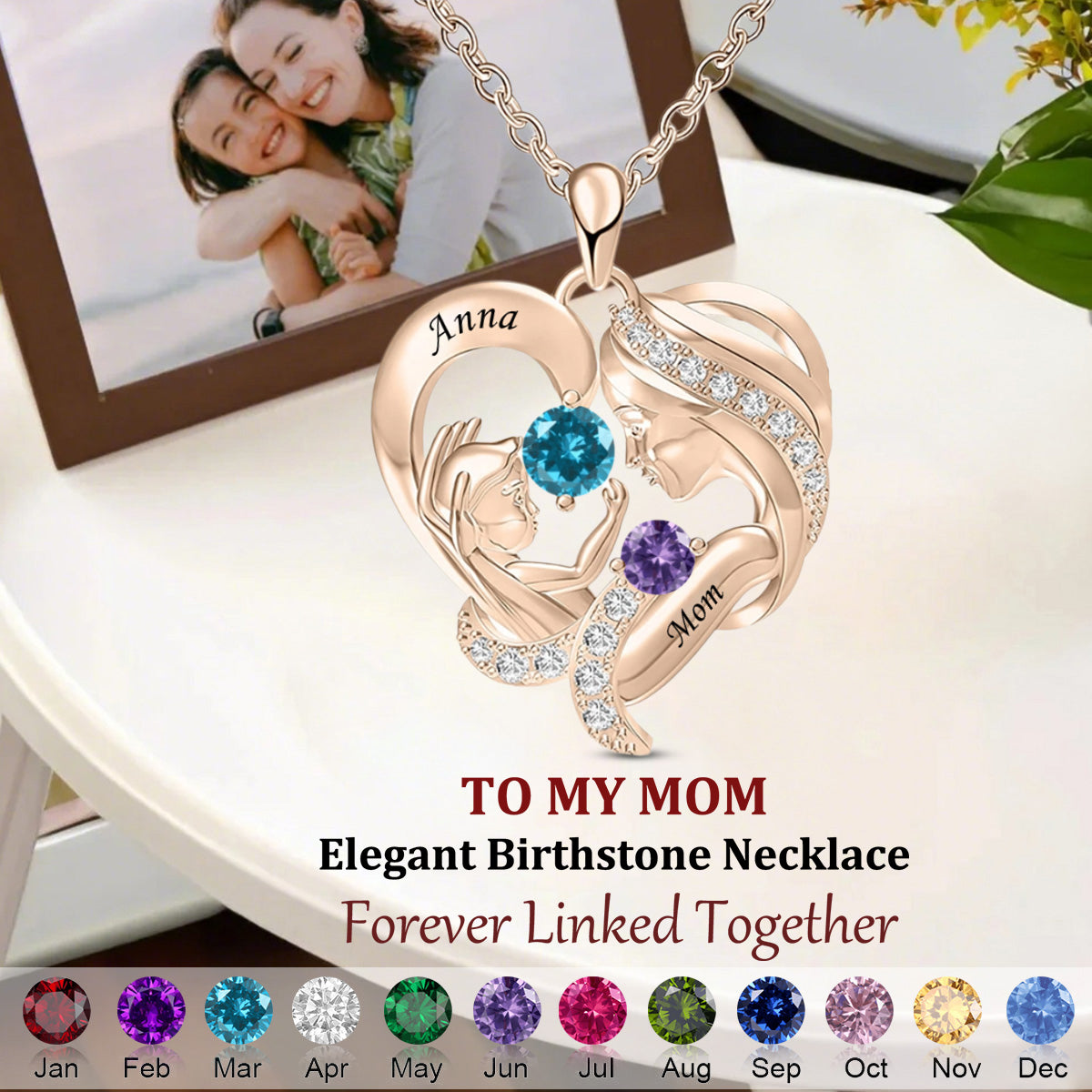 Mother With Child Heart Pendant Custom Birthstone Name Personalized Necklace
