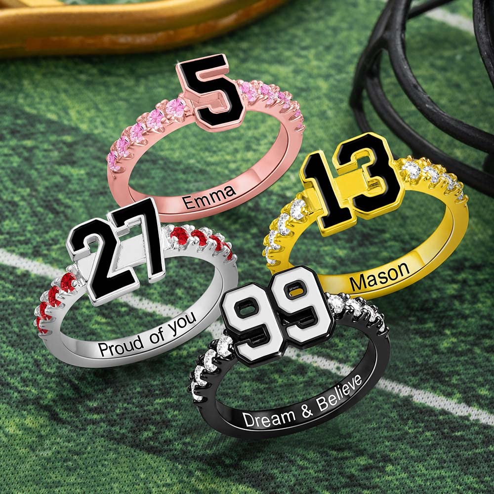 Personalised Sports Number Birthstone Ring with Engraved Text Basketball Baseball Ring Gift for Sport Lovers