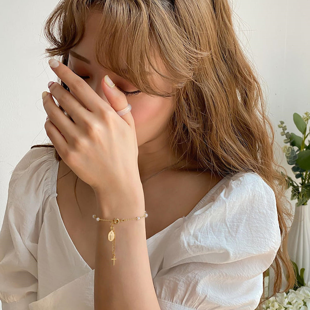 Pearl Cross Charm Bracelet - Baptism & First Communion Gift for Girls