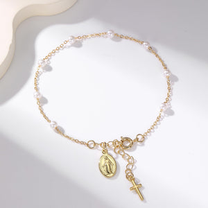 Pearl Cross Charm Bracelet - Baptism & First Communion Gift for Girls