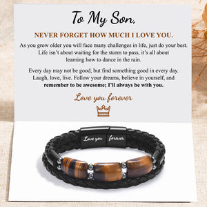 To My Son, Love You Forever Natural Tiger Eye Leather Bracelet